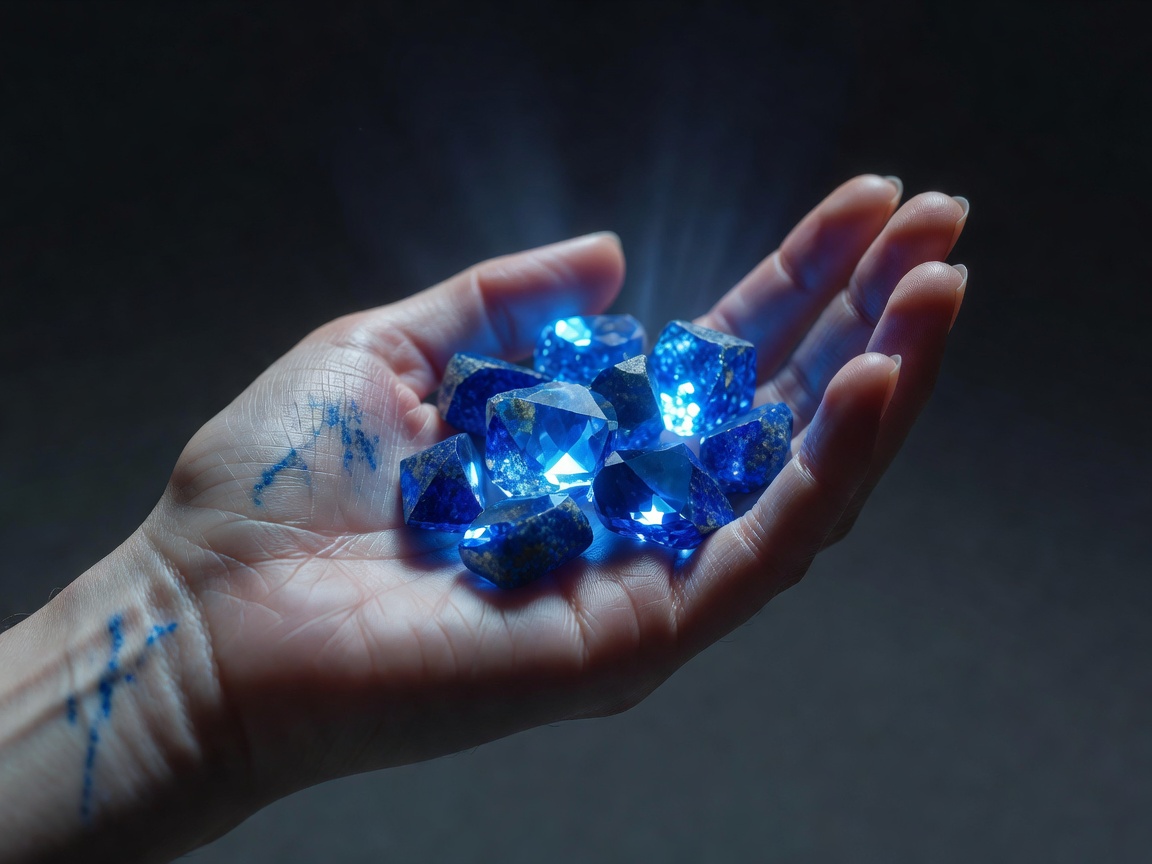 An artistic hand holding blue glowing gemstones