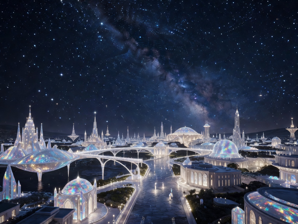 Bright starry night over a mystical illuminated city landscape