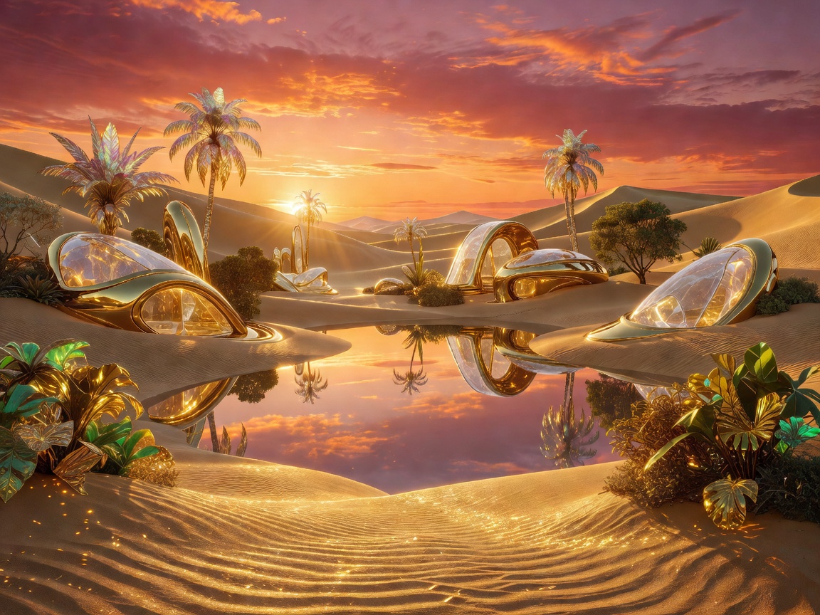 Glistening sunset over a futuristic golden sand oasis