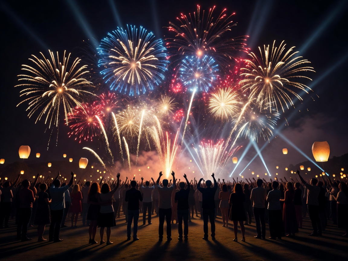Silhouettes of crowds enjoying a majestic light celebration